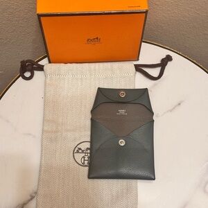 Hermes Bastia Grey Leather Coin Pouch Wallet Small